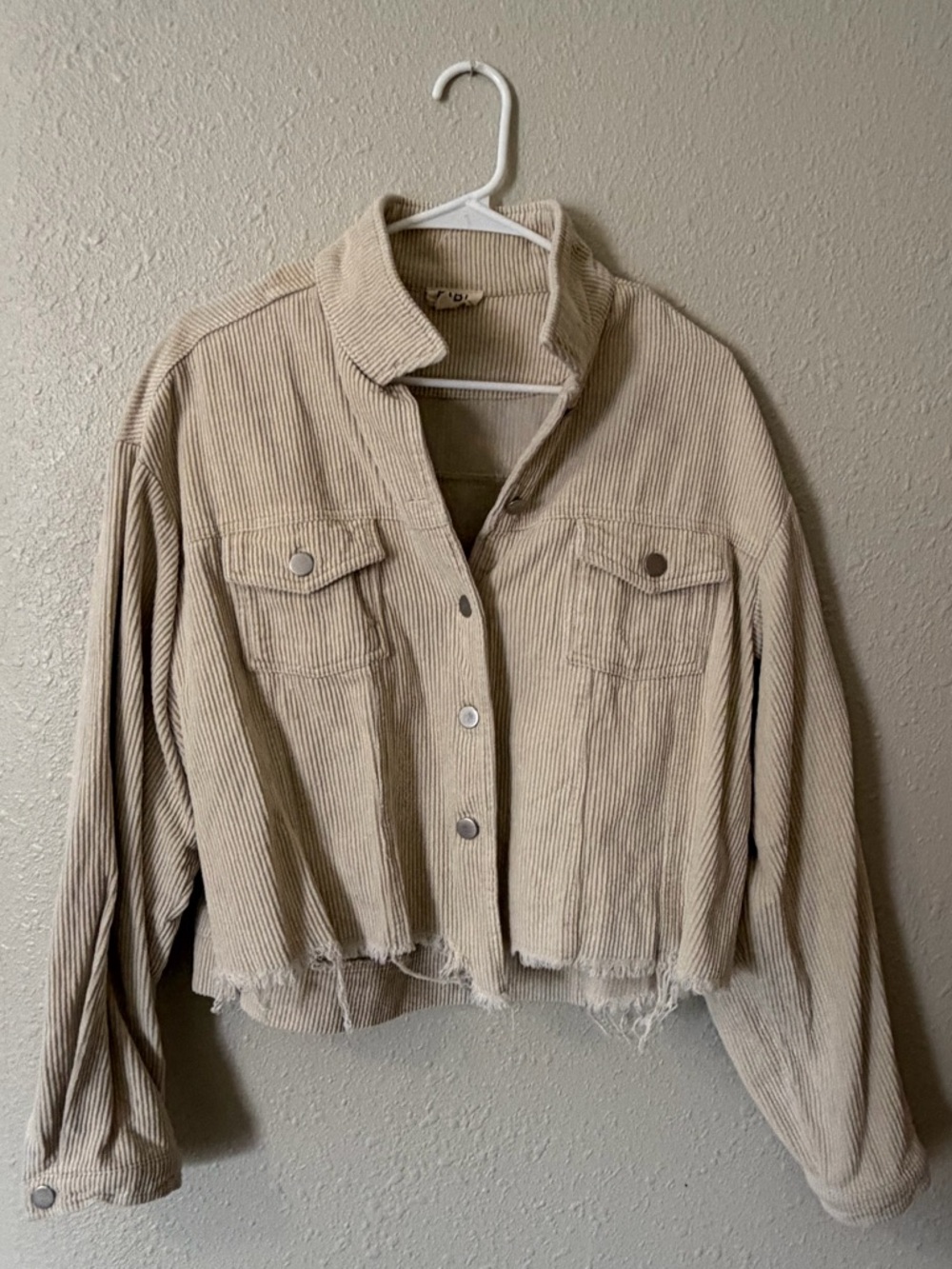 BiBi Beige Corduroy Crop Jacket with Frayed Hem